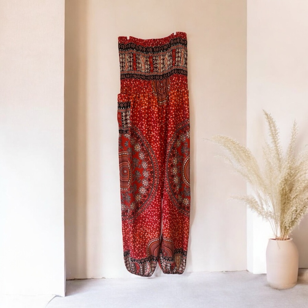 Ethnic Indonesian Style Printed Bloomers Mid Waist Pocket Yoga Pants OSFA